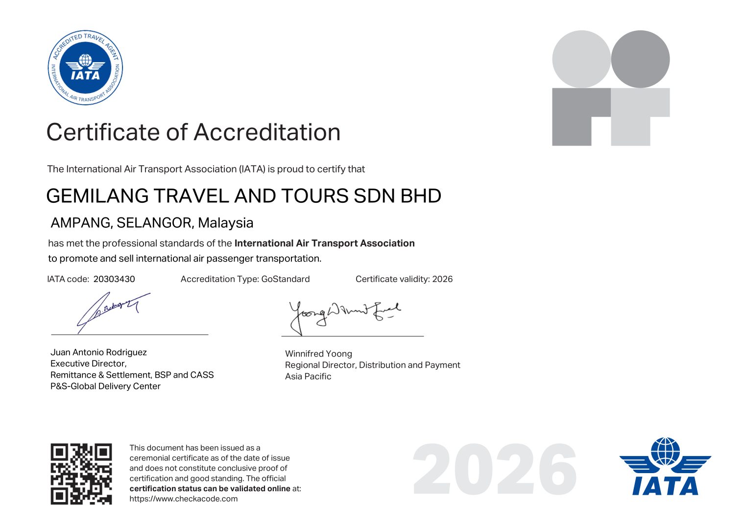 IATA Certificate of Accreditation 2026 — Gemilang Travel and Tours Sdn Bhd
